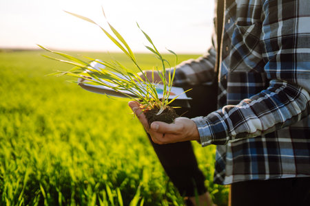 Hand of expert farmer checking soil health before growth a seed of vegetable. agriculture, gardening