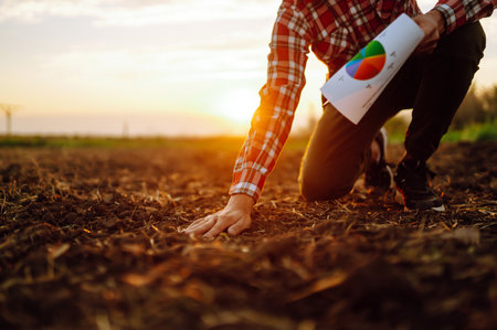 Hand of expert farmer collect soil and checking soil health before growth a seed of vegetable.の写真素材