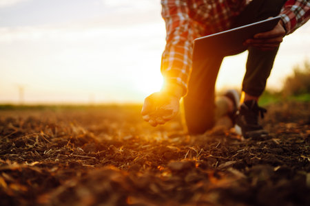Hand of expert farmer collect soil and checking soil health before growth a seed of vegetable.の写真素材