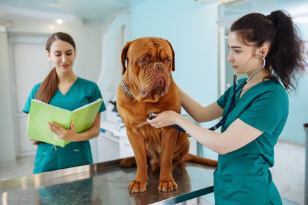 Doctors examining a very cute dog in veterinary clinic. Dogue de bordeaux. Medicine, pet, animals.