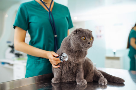 Woman veterinarian examining cat on table in veterinary clinic. Healthcare, medicine treatment of pets.の写真素材