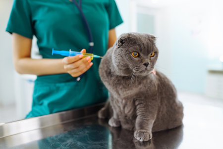 Woman veterinarian examining cat on table in veterinary clinic. Healthcare, medicine treatment of pets.の写真素材