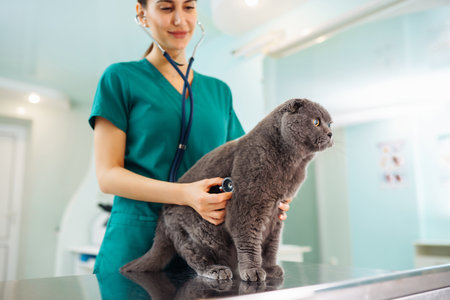 Woman veterinarian examining cat on table in veterinary clinic. Healthcare, medicine treatment of pets.の写真素材