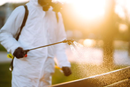 A man wearing special protective disinfection suit sprays sterilizer in the public place. Covid-19.の写真素材
