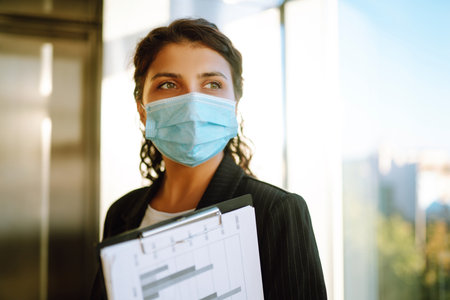 Portrait of businesswoman in protective face mask during virus epidemic while standing near elevator