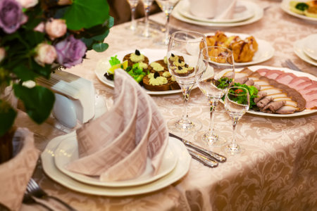 good served table in a restaurantの写真素材