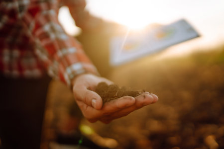 Hand of expert farmer collect soil and checking soil health before growth a seed of vegetable.の写真素材