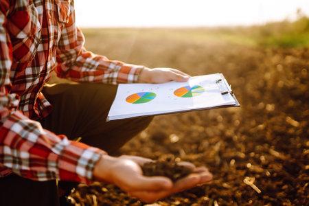 Hand of expert farmer collect soil and checking soil health before growth a seed of vegetable.