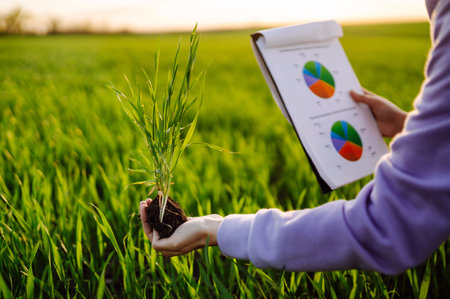 Hand of expert farmer collect soil and checking soil health before growth a seed of vegetable.