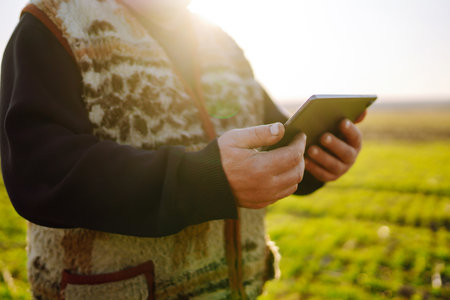 Farmer on a wheat field with a tablet in his hands at sunset. smart farm. agriculture, gardening.の写真素材