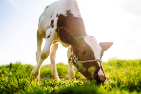 Calf eating green grass under the blue sky. Farm baby animal.