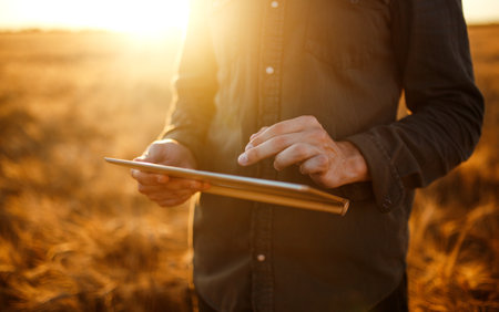 Amazing photo of Farmer. Checking Wheat Field Progress, Holding Tablet Using Internet.の写真素材