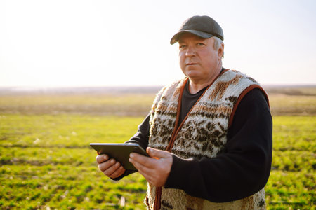 Farmer on a wheat field with a tablet in his hands at sunset. smart farm. agriculture, gardening.の写真素材
