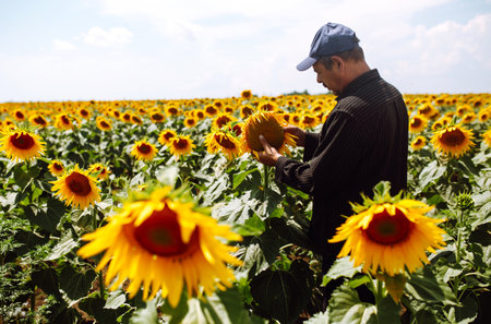 Farmer in the sunflower field. Harvesting, organic farming concept.の写真素材