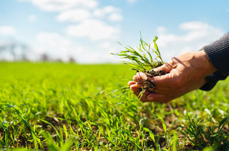 Young Green wheat seedlings in the hands of a farmer. Agronomist checks and explores sprouts of rye.の写真素材