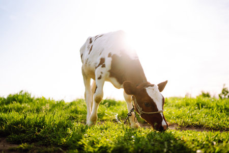 Calf eating green grass under the blue sky. Farm baby animal.の写真素材