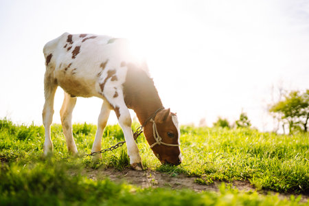 Calf eating green grass under the blue sky. Farm baby animal.