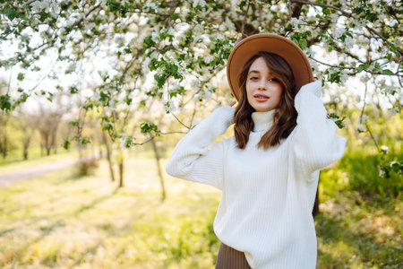 Smiling woman with hat posing in blooming spring park. Concept of relax, travel, spring vacation.の写真素材