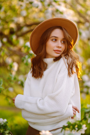 Portrait of Woman in hat posing near flowering tree. Smiling young woman enjoying the smell of flowers.の写真素材