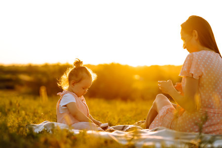 Mother and little daughter playing together in summer sunset. Happy mom with small child having fun.の写真素材