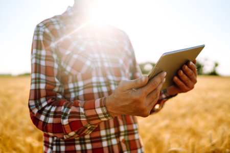 Tablet in the hands of a farmer. smart farm. Farmer checking his crops on an agricultural field.の写真素材