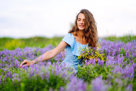 Portrait of beautiful woman in amazing in a blooming field. Nature, vacation, relax and lifestyle.の写真素材