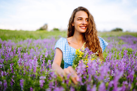 Portrait of beautiful woman in amazing in a blooming field. Nature, vacation, relax and lifestyle.の写真素材