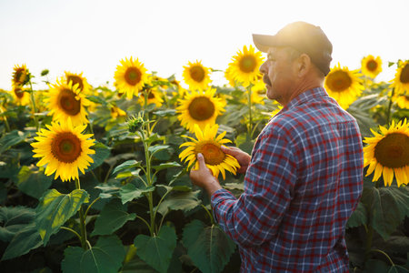 Farmer standing in sunflower field, looking at sunflower seeds. Harvesting, organic farming conceptの写真素材