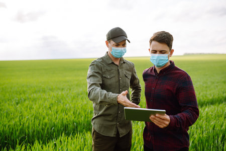 Two Farmers in protection mask with tablet in the field. Modern agriculture technology.Smart farming