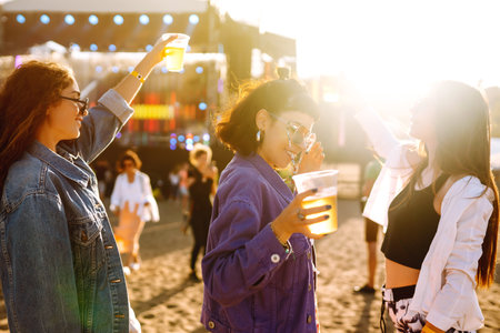 Young girlfriends drinking beer, having fun at music festival. friendship, celebration. beach party.の写真素材