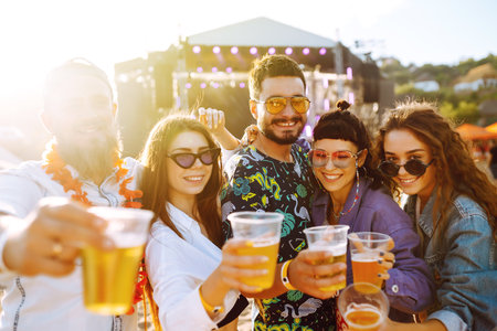 Young happy friends drinking beer and having fun at music festival together. Friendship.の写真素材