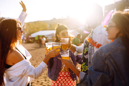 Group of friends with beer dancing and having fun at music festival together.Celebration concept.の写真素材