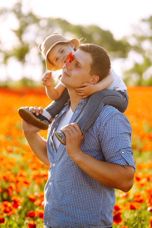 Happy dad and little baby girl having fun in the field of flowering poppies. Kisses of father and daughter.の写真素材