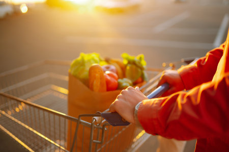 shopping time. Healthy vegan vegetarian food in a paper bag in the male hands.の写真素材