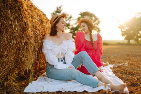 Two young women having fun near haystack. fashion concept. summer concept.の写真素材