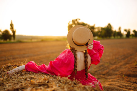 Beautiful curly woman in hat and clothes posing near hay bales in the countryside at sunset.の写真素材