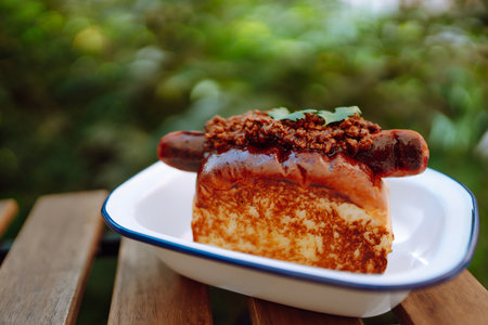 Delicious hotdog on a plate in a restaurant. fast food. food concept.の写真素材