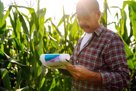 Farmer standing in corn field examining crop. Harvest care concept.