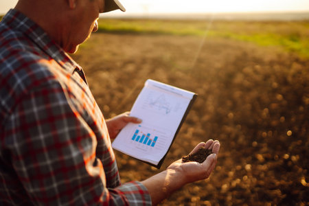 Expert hand of farmer checking soil health before growth a seed of vegetable or plant seedling.の写真素材