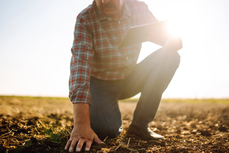 Male hands touching soil on the field. Expert hand of farmer checking soil health. Ecology concept.の写真素材