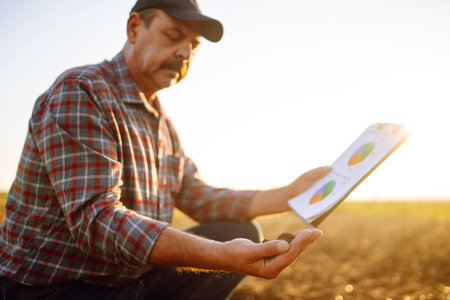 Expert hand of farmer checking soil health before growth a seed of vegetable or plant seedling.の写真素材