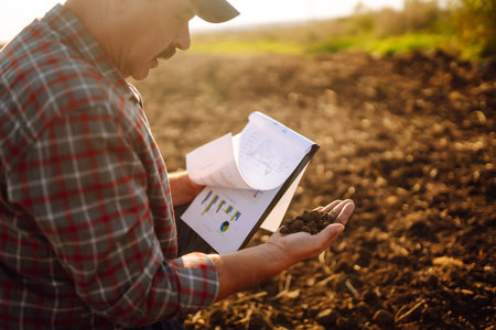 Farmer is checking soil quality before sowing. Agriculture, gardening or ecology concept.の写真素材