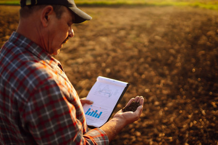 Expert hand of farmer checking soil health before growth a seed of vegetable or plant seedling.の写真素材