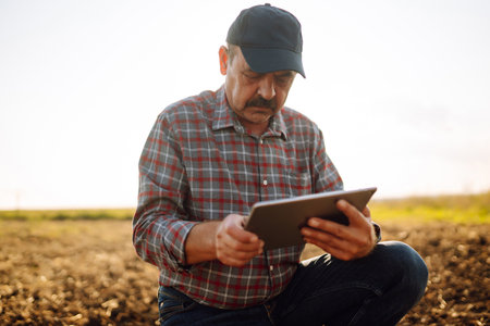 Male hands touching soil on the field. Expert hand of farmer checking soil health. Ecology concept.の写真素材