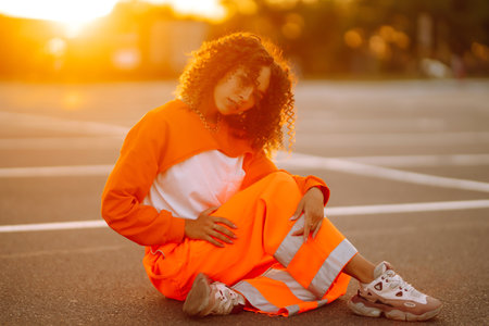 Stylish woman - dancer dancing in the street at sunset. Beautiful African American woman with curly hair in an orange suit.の写真素材