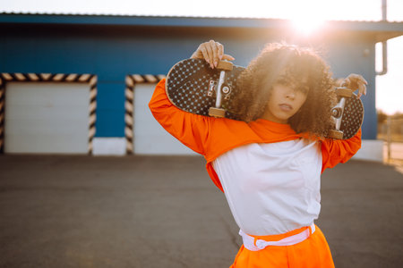 Beautiful African American woman posing with a skateboard. Hipster woman with curly hair with...
