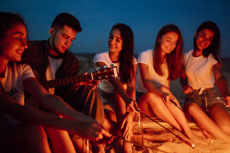 Group of young friends sitting on the beach and fry sausages. One man is playing guitar. camping...