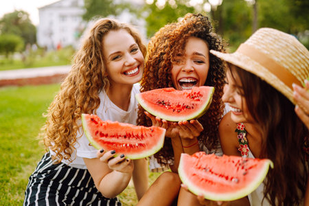 Three young woman have fun together and eating watermelon in hot summer day.の写真素材