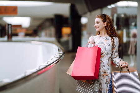 Fashionable woman with multi-colored bags in modern shop center. The joy of consumption.の写真素材