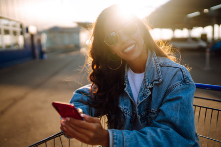 Young woman with phone sitting shopping cart having fun near color wall. Blogging.の写真素材